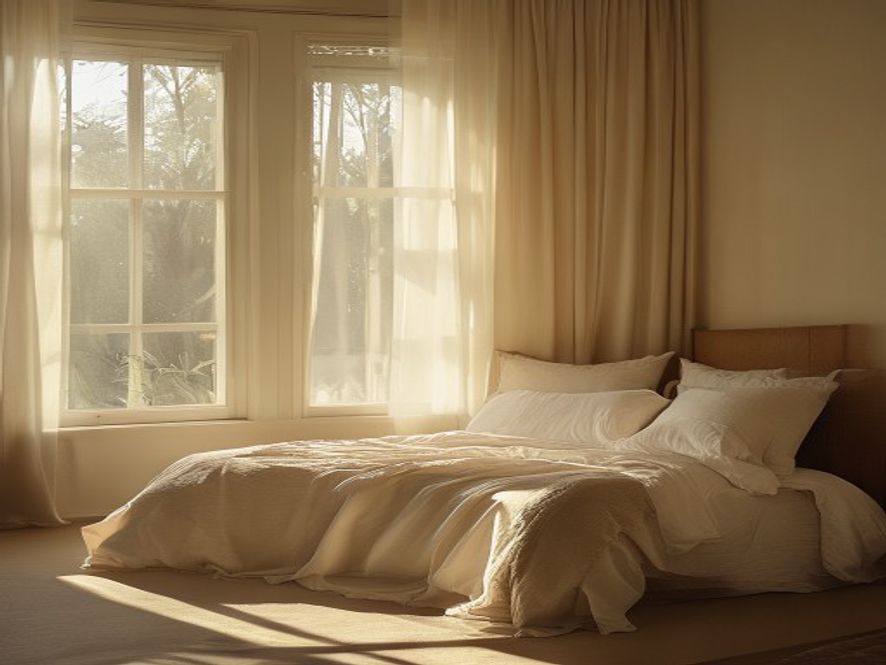 A serene bedroom with morning light streaming through sheer white curtains